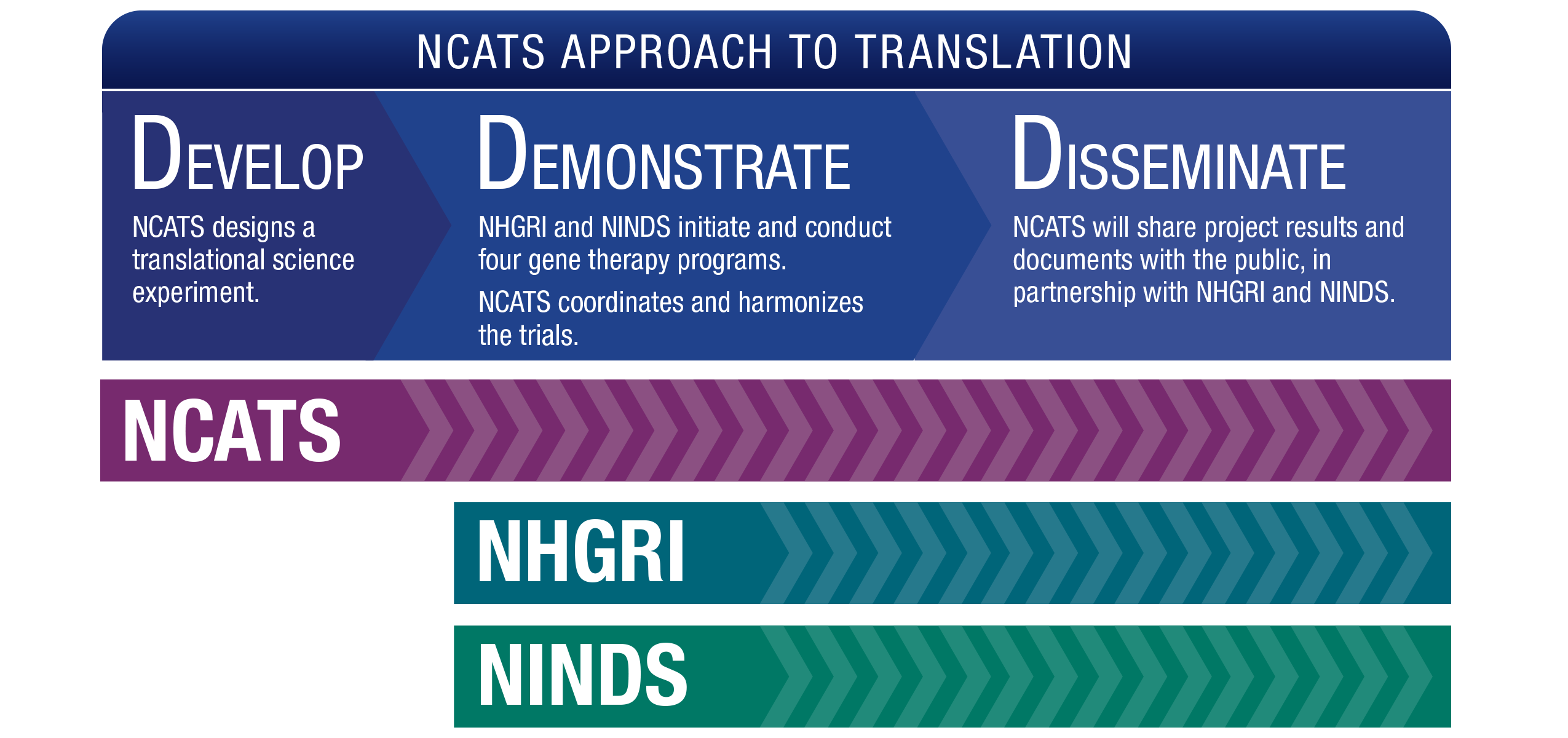 NCATS Approach to Translation: Develop, Demonstrate, Disseminate. Develop: NCATS designs a translational science experiment. Demonstrate: NHGRI and NINDS initiate and conduct four gene therapy programs. NCATS coordinates and harmonizes the trials. Disseminate: NCATS will publish all communications with the FDA, in partnership with NHGRI and NINDS.